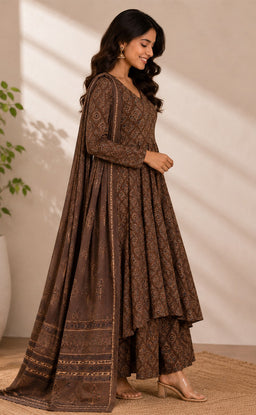 Dark Coffee Cotton All-over Floral Printed Kurti Set