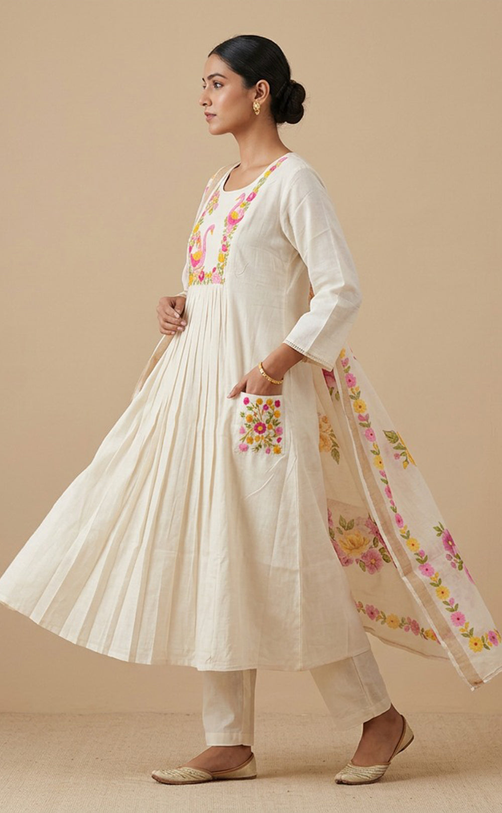White Cotton Swan Thread Work Kurti Set