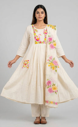 White Cotton Swan Thread Work Kurti Set