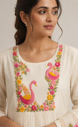 White Cotton Swan Thread Work Kurti Set