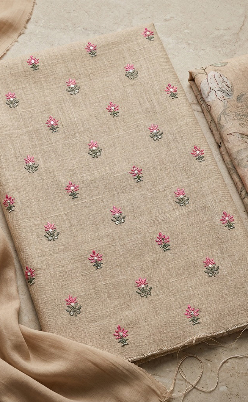 Cream Cotton All-Over Thread Buti Work Un-Stitched Dress Material