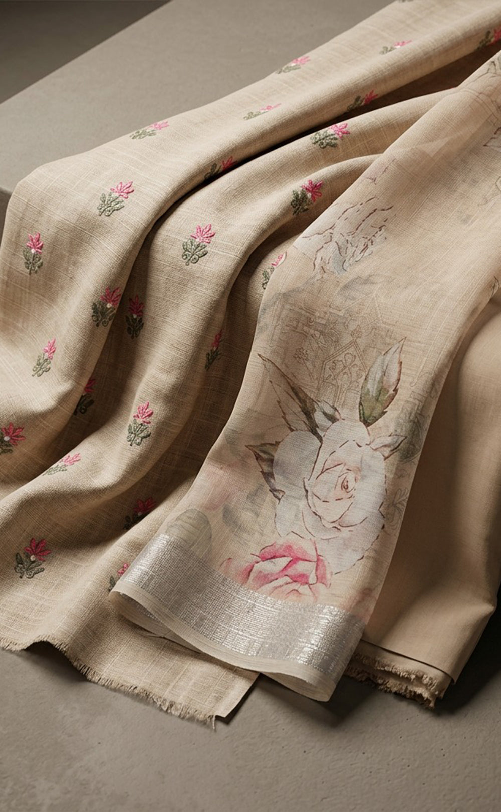 Cream Cotton All-Over Thread Buti Work Un-Stitched Dress Material