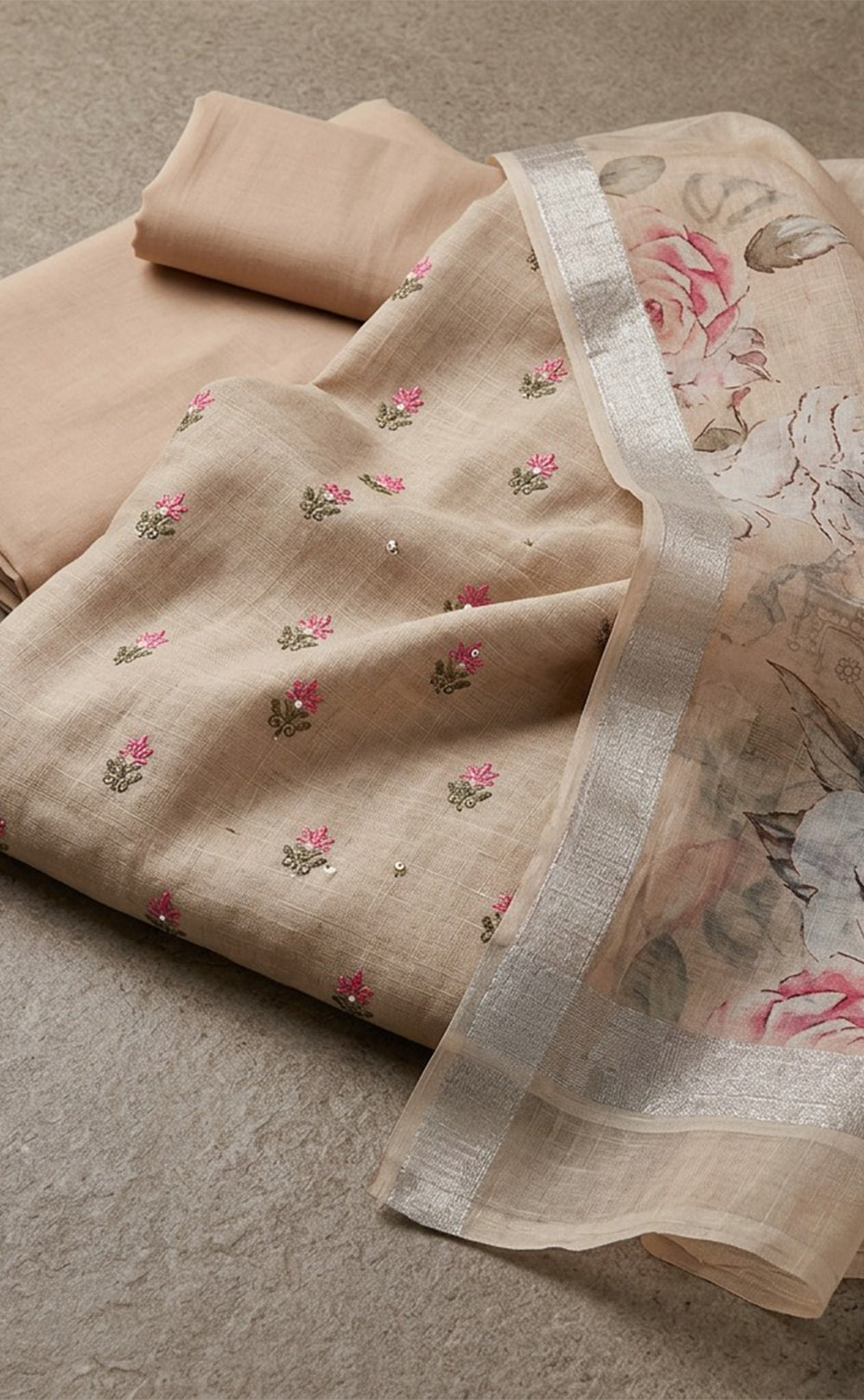 Cream Cotton All-Over Thread Buti Work Un-Stitched Dress Material