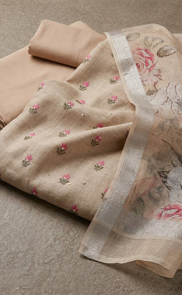 Cream Cotton All-Over Thread Buti Work Un-Stitched Dress Material