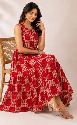 Maroon Cotton All-Over Mango Printed Flare Kurti