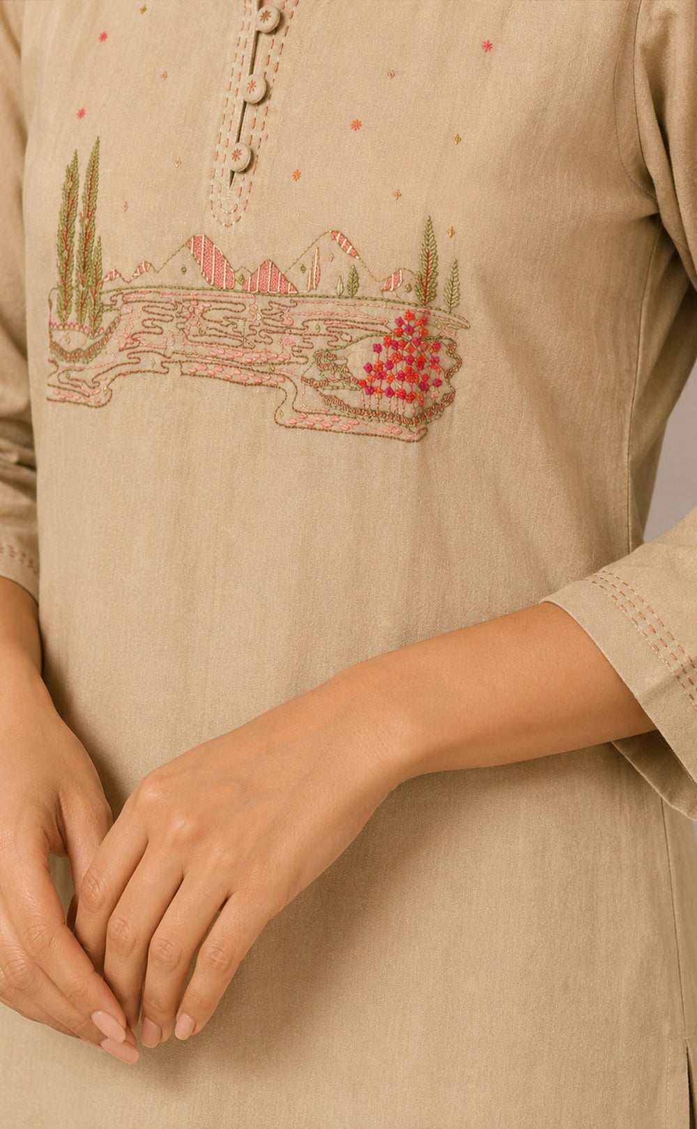 Cream Cotton Thread Work Kurti Set