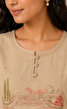 Cream Cotton Thread Work Kurti Set