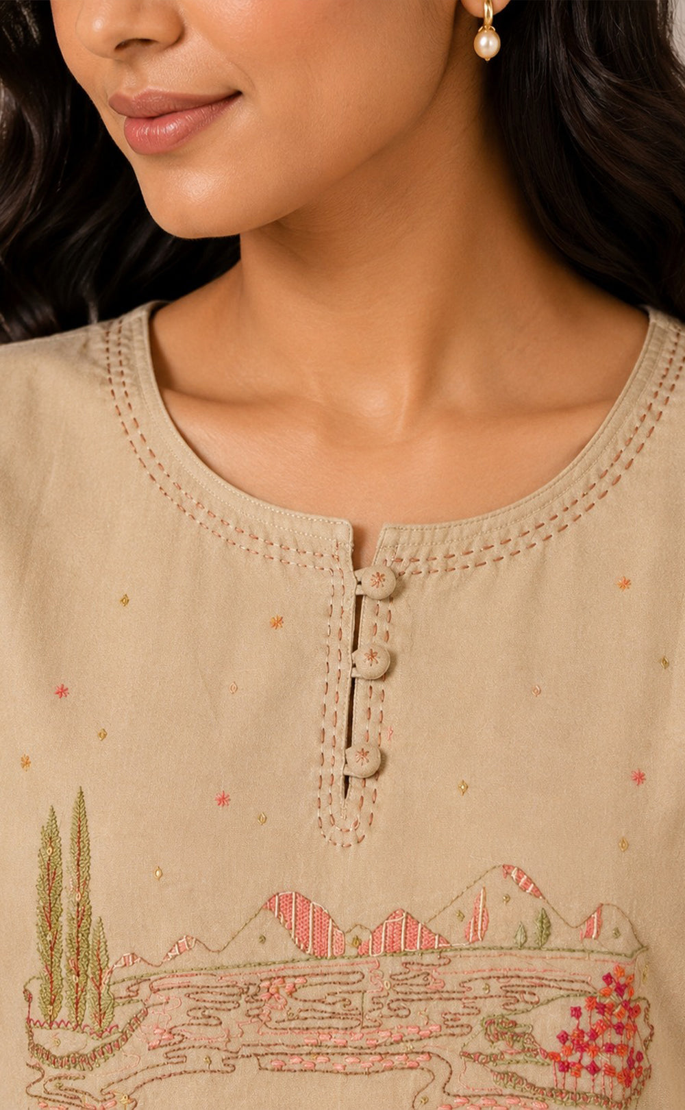 Cream Cotton Thread Work Kurti Set