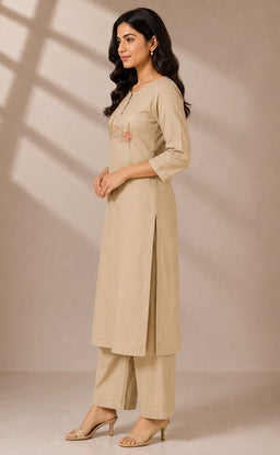 Cream Cotton Thread Work Kurti Set