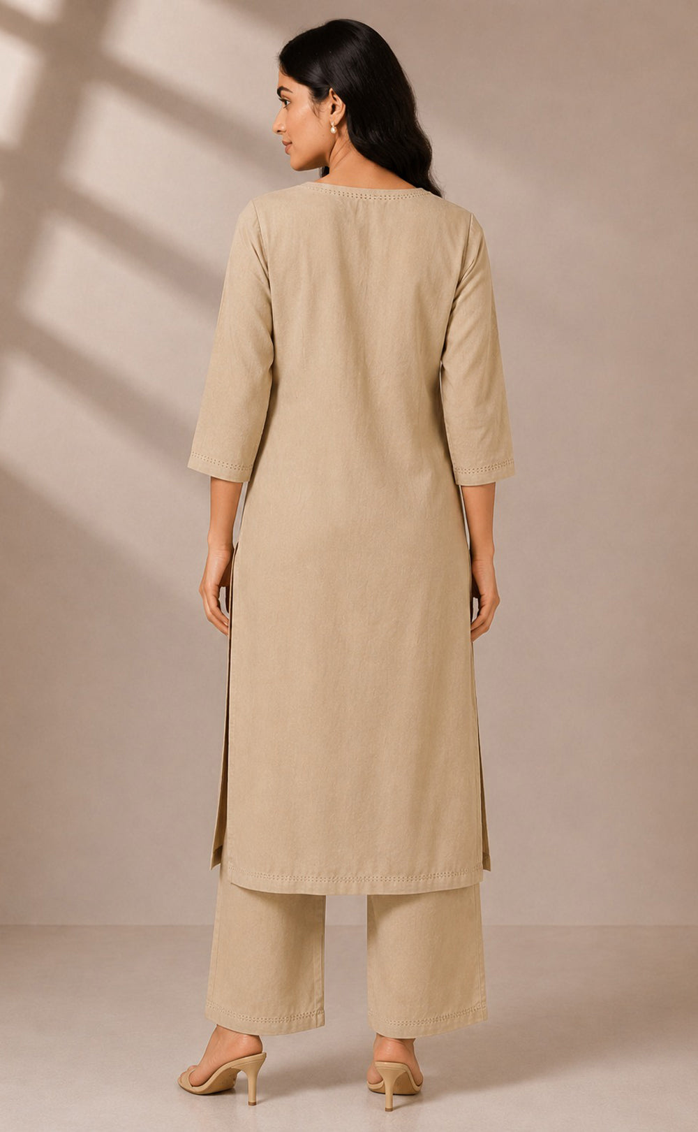 Cream Cotton Thread Work Kurti Set