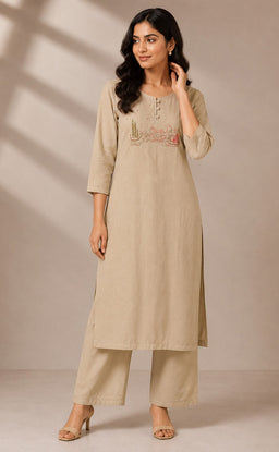 Cream Cotton Thread Work Kurti Set