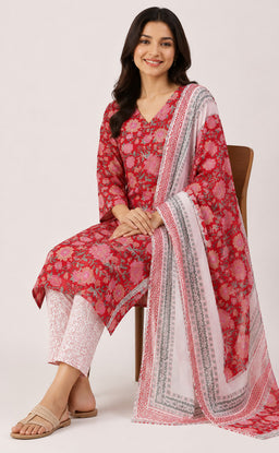 Maroon Cotton All-Over Floral Printed Kurti Set