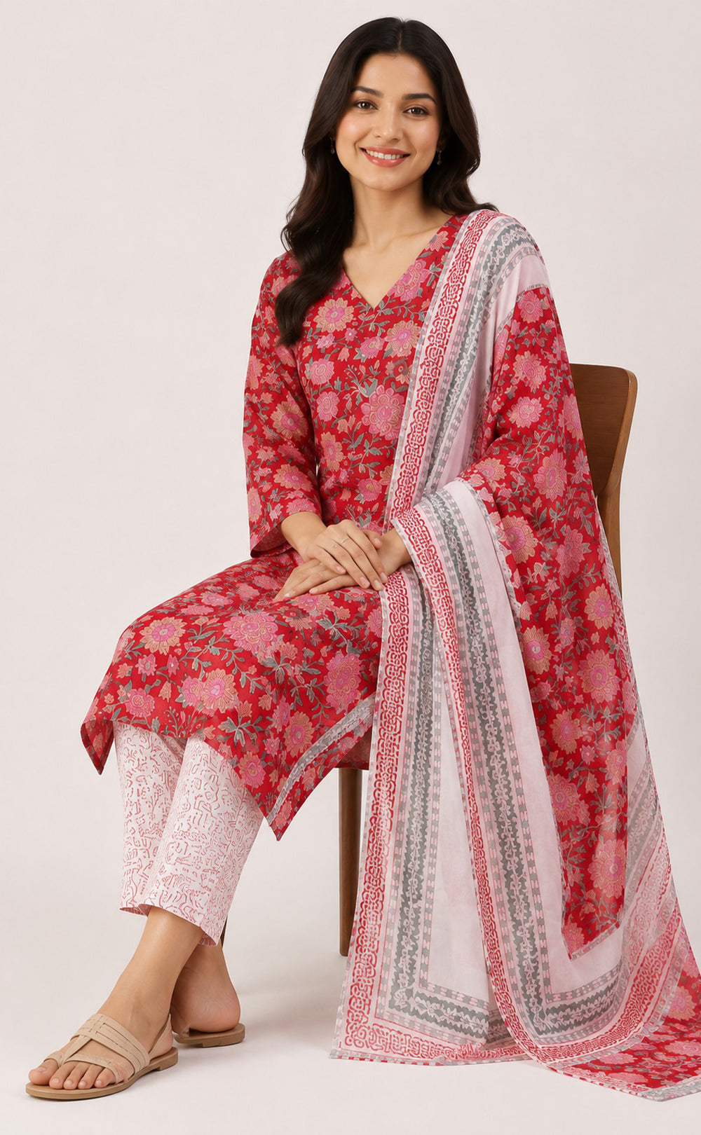 Maroon Cotton All-Over Floral Printed Kurti Set