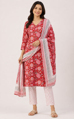 Maroon Cotton All-Over Floral Printed Kurti Set