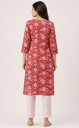 Maroon Cotton All-Over Floral Printed Kurti Set