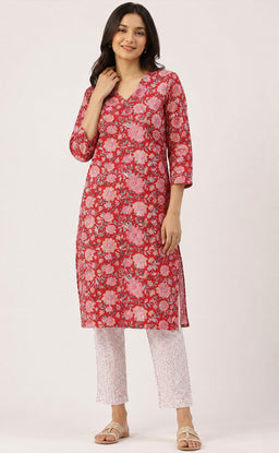 Maroon Cotton All-Over Floral Printed Kurti Set