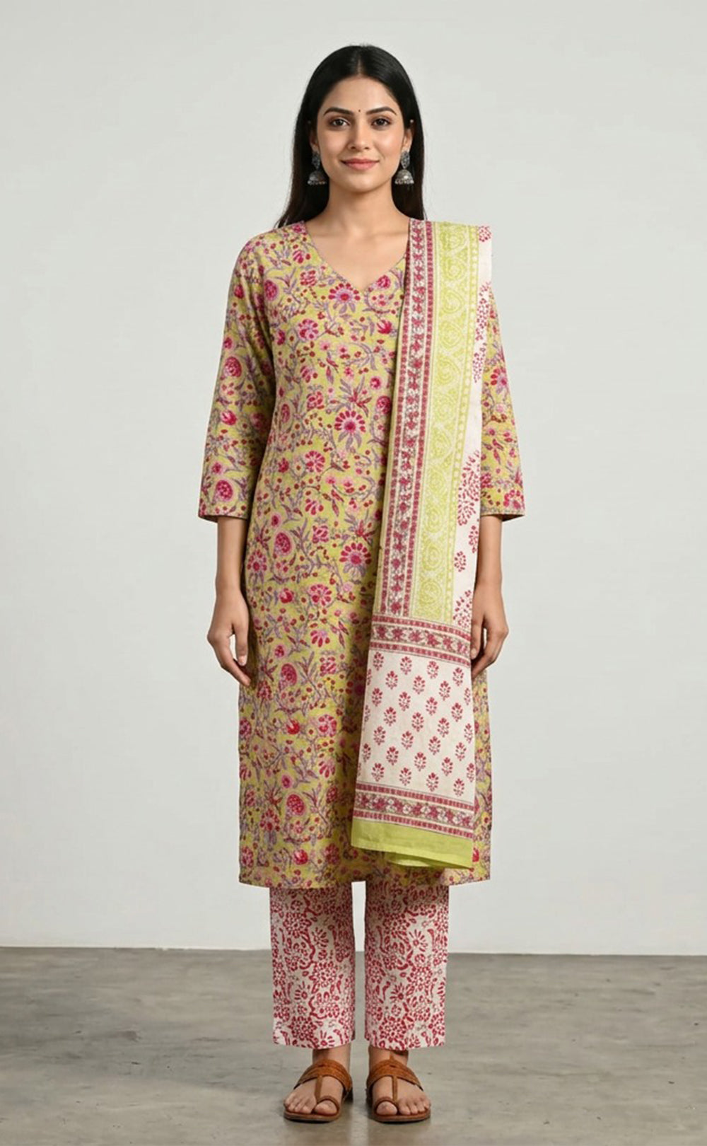 Light Green Cotton All-Over Floral Printed Kurti Set