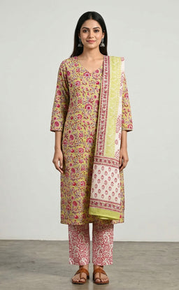 Light Green Cotton All-Over Floral Printed Kurti Set