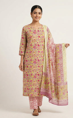 Light Green Cotton All-Over Floral Printed Kurti Set
