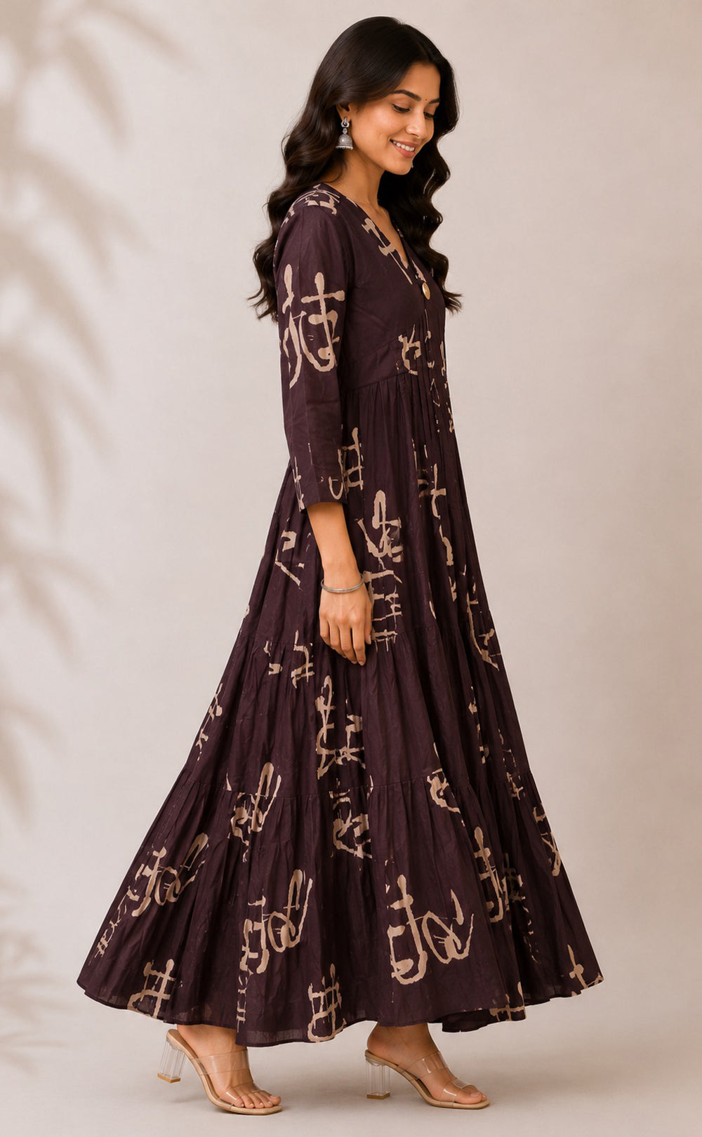 Dark Coffee Brown Rayon All-Over Printed Flare Kurti