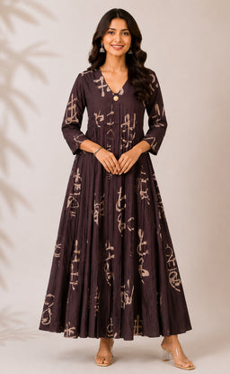 Dark Coffee Brown Rayon All-Over Printed Flare Kurti