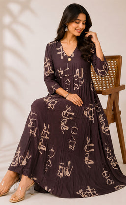 Dark Coffee Brown Rayon All-Over Printed Flare Kurti