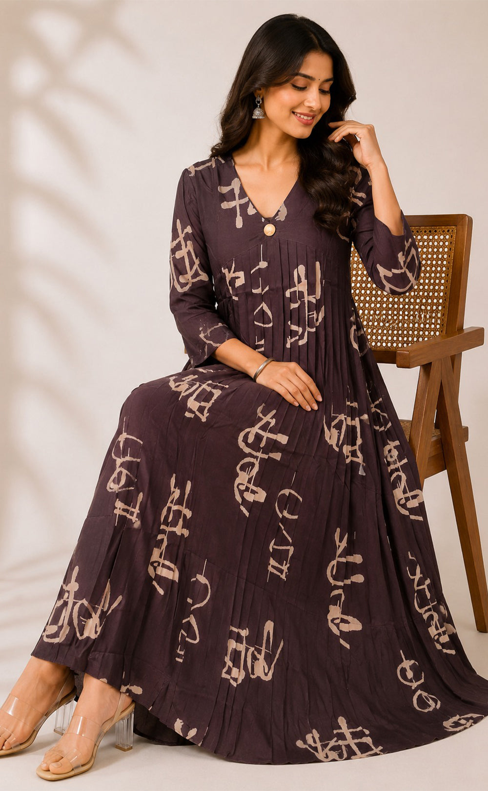 Dark Coffee Brown Rayon All-Over Printed Flare Kurti