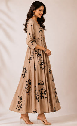 Cream Rayon All-Over Printed Flare Kurti