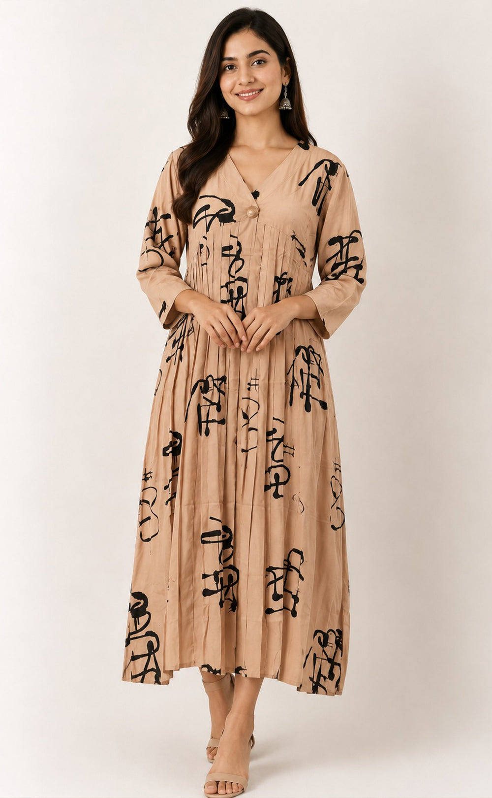 Cream Rayon All-Over Printed Flare Kurti