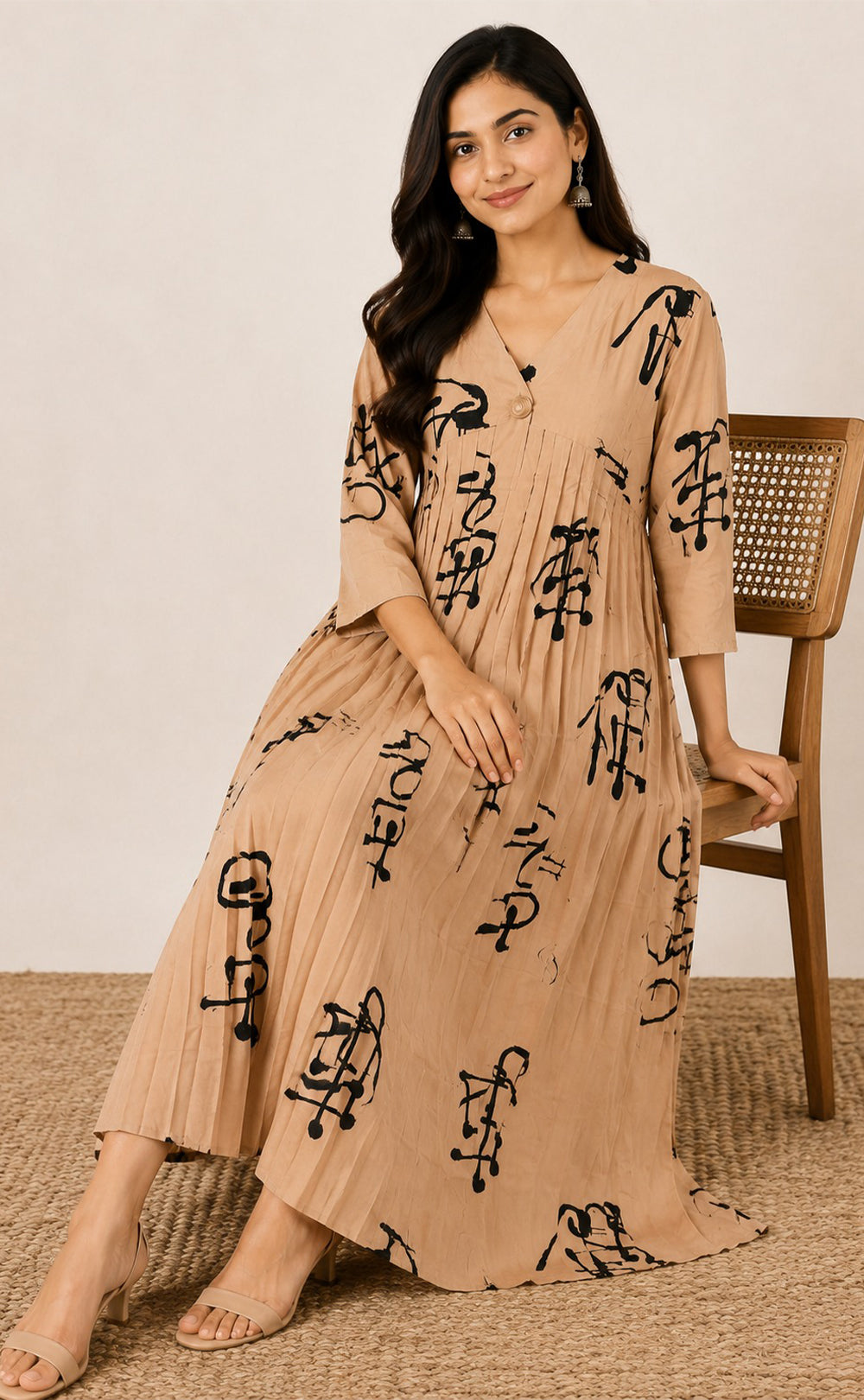 Cream Rayon All-Over Printed Flare Kurti