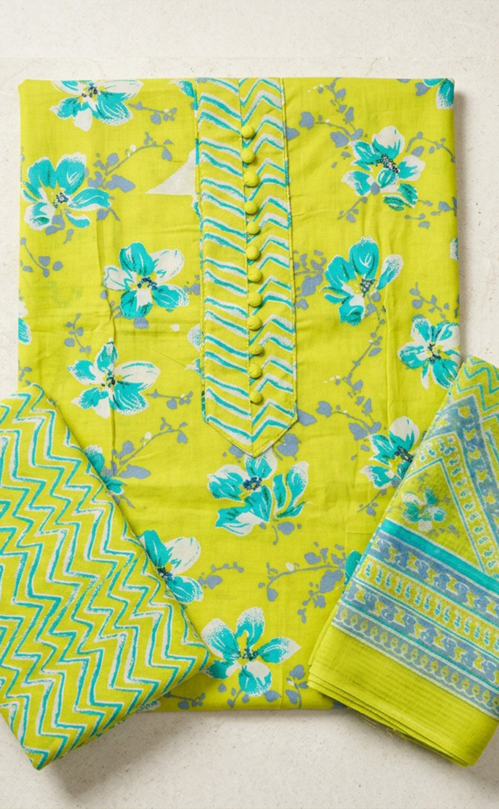 Lemon Yellow Cotton All-Over Floral Printed Un-Stitched Dress Material