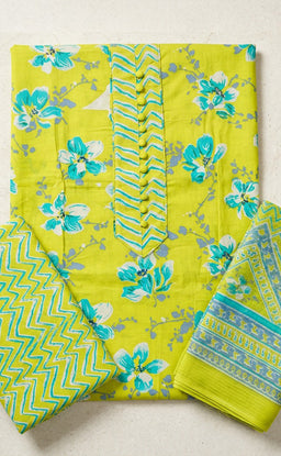 Lemon Yellow Cotton All-Over Floral Printed Un-Stitched Dress Material