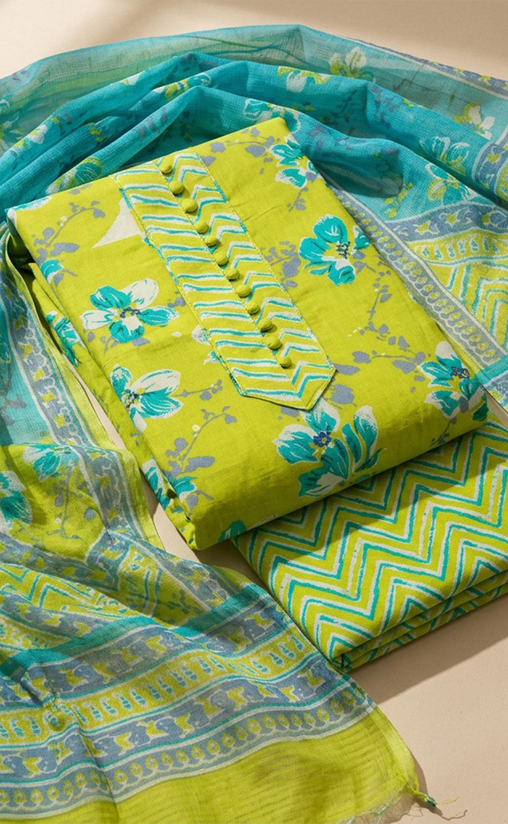 Lemon Yellow Cotton All-Over Floral Printed Un-Stitched Dress Material