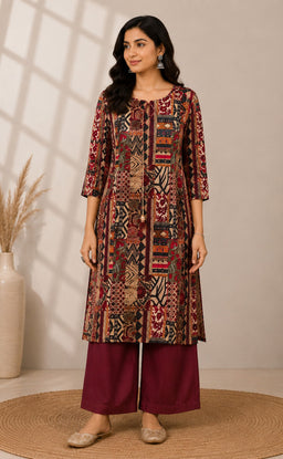 Maroon Flex Cotton Ajrakh Printed Kurti Set