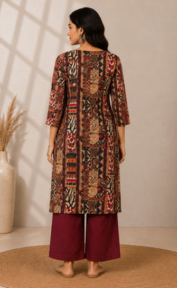 Maroon Flex Cotton Ajrakh Printed Kurti Set