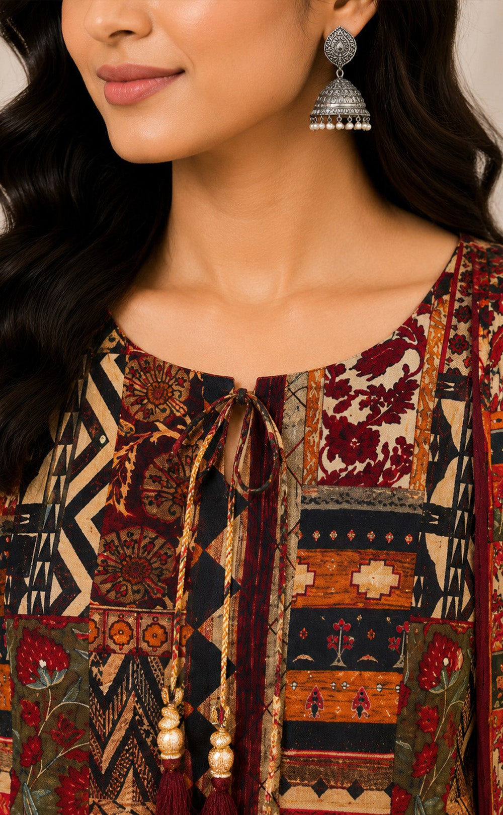 Maroon Flex Cotton Ajrakh Printed Kurti Set