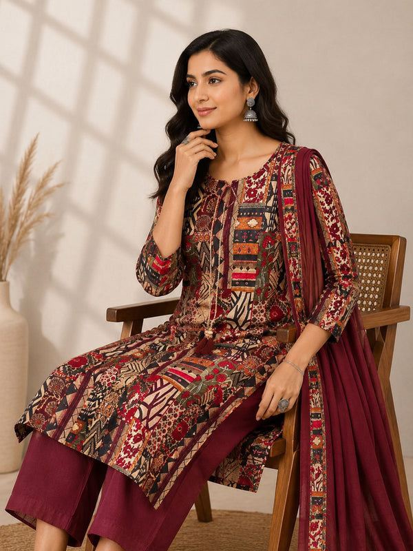Maroon Flex Cotton Ajrakh Printed Kurti Set