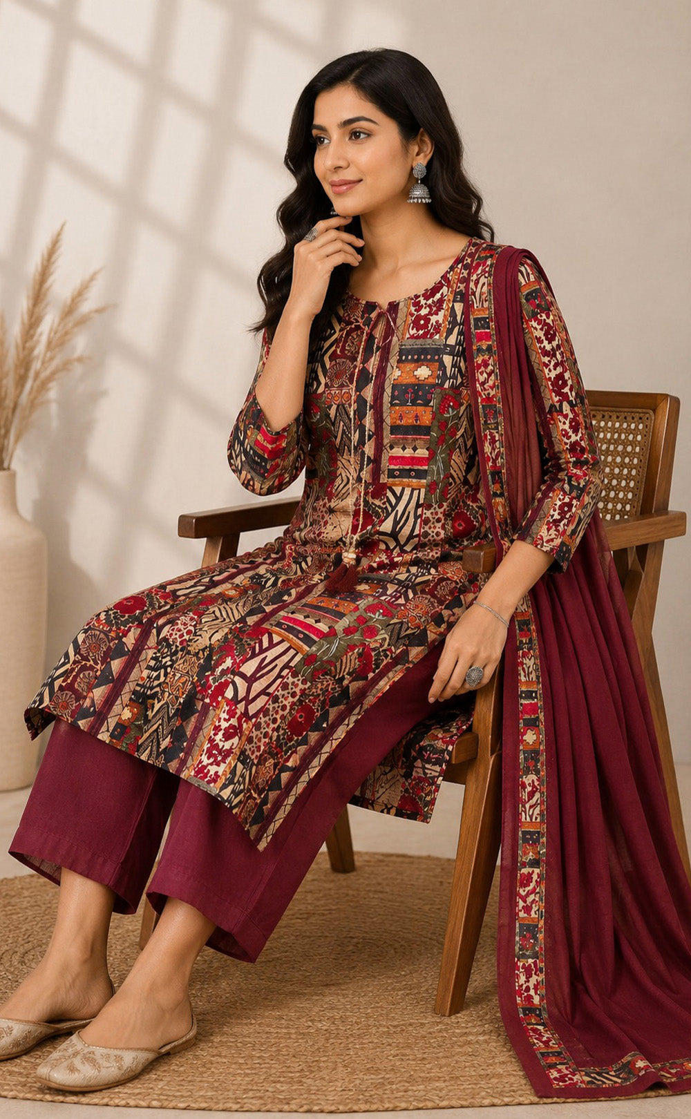 Maroon Flex Cotton Ajrakh Printed Kurti Set