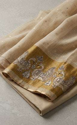 Cream Fancy Buti Zari Work Un-Stitched Dress Material
