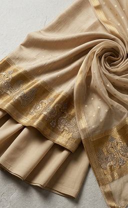 Cream Fancy Buti Zari Work Un-Stitched Dress Material
