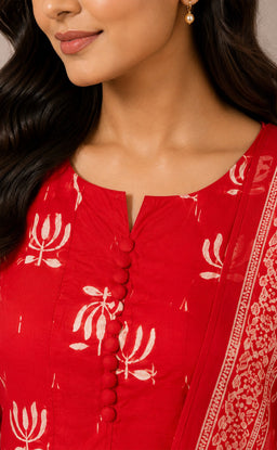 Red Cotton All-Over Lotus Printed Kurti Set