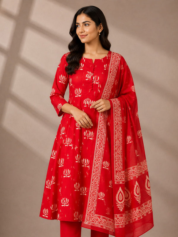 Red Cotton All-Over Lotus Printed Kurti Set