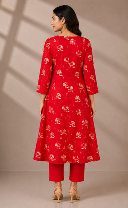 Red Cotton All-Over Lotus Printed Kurti Set