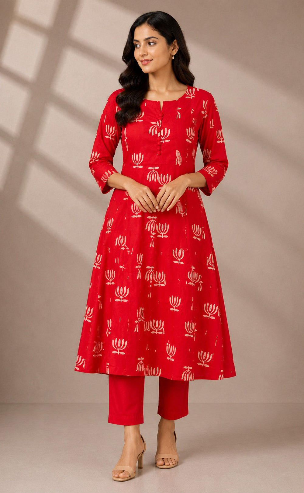 Red Cotton All-Over Lotus Printed Kurti Set