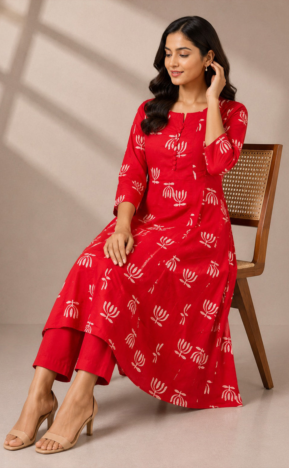 Red Cotton All-Over Lotus Printed Kurti Set