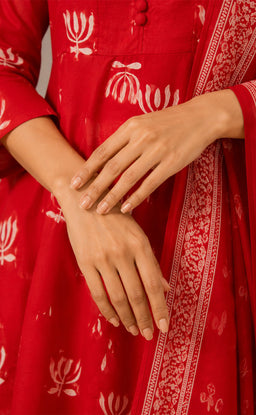 Red Cotton All-Over Lotus Printed Kurti Set