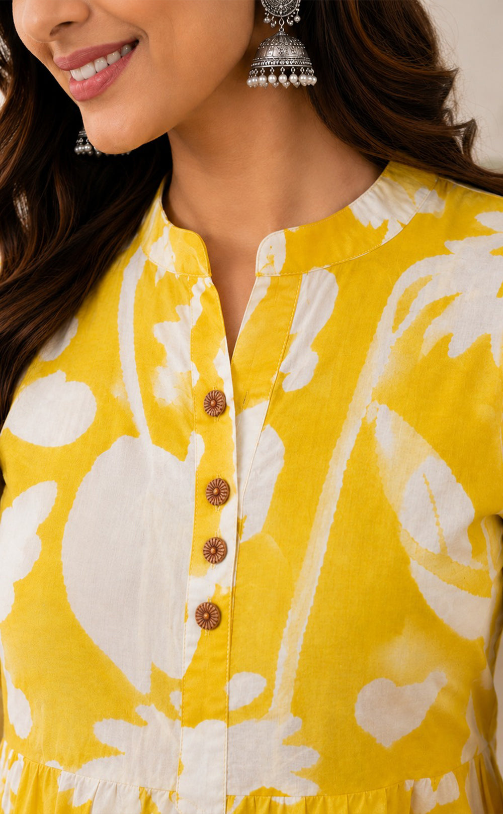 Yellow Cotton Abstract Printed Kurti Set