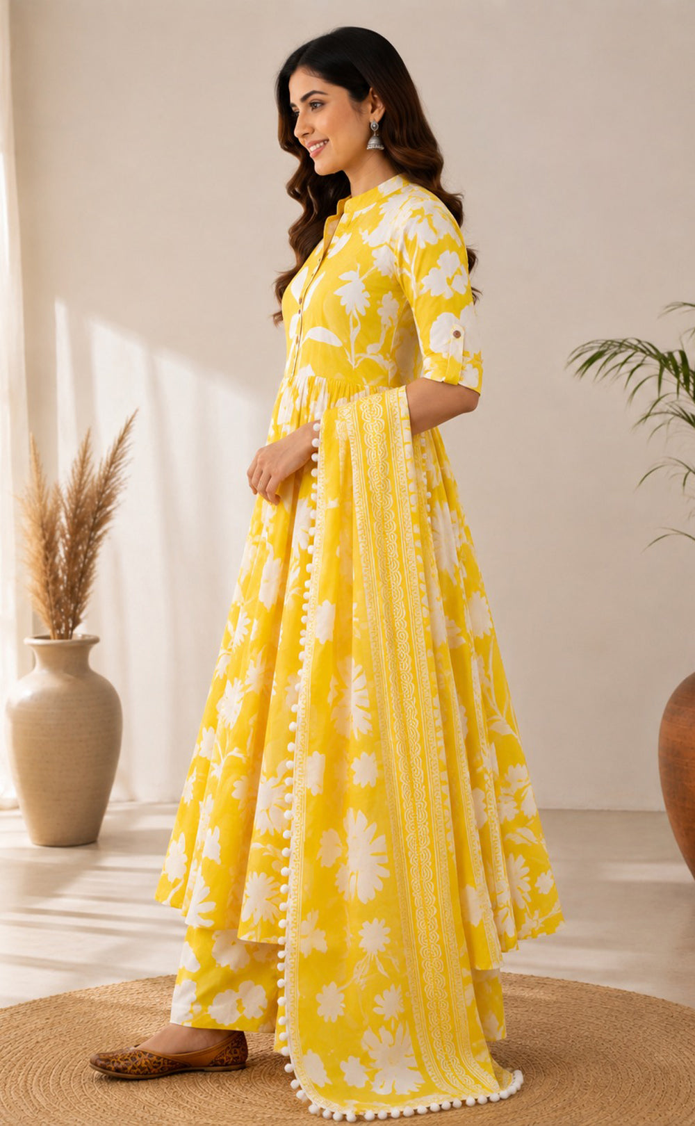 Yellow Cotton Abstract Printed Kurti Set
