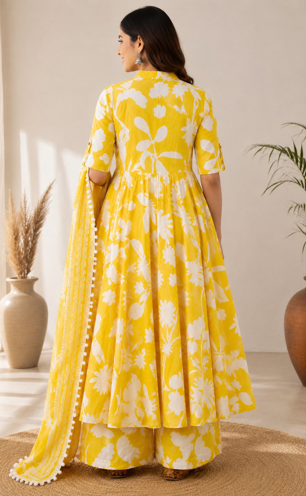 Yellow Cotton Abstract Printed Kurti Set