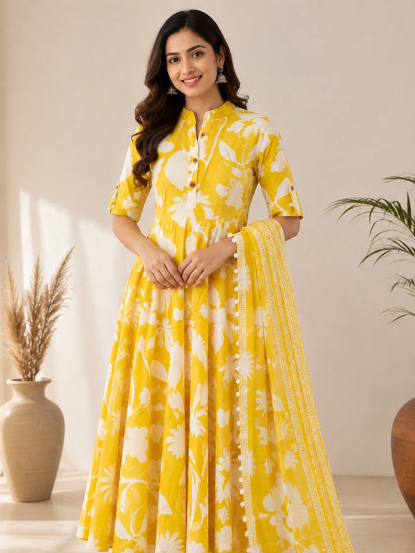Yellow Cotton Abstract Printed Kurti Set
